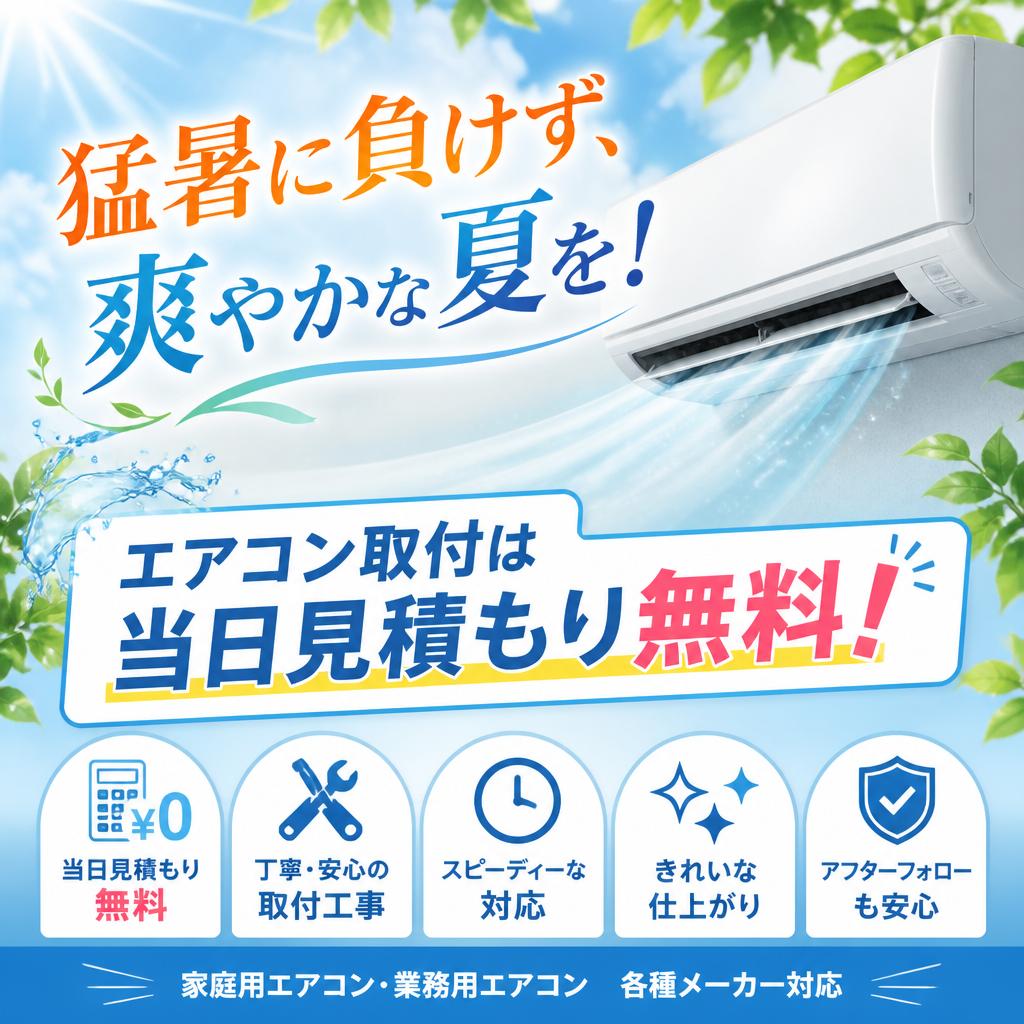 猛暑に負けず、爽やかな夏を！エアコン取付は当日見積もり無料！
