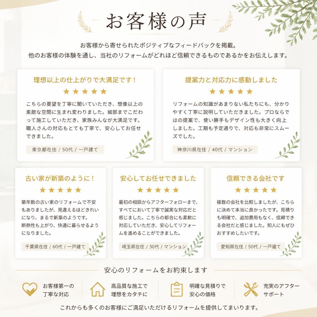 お客様の声：信頼と満足度の証
