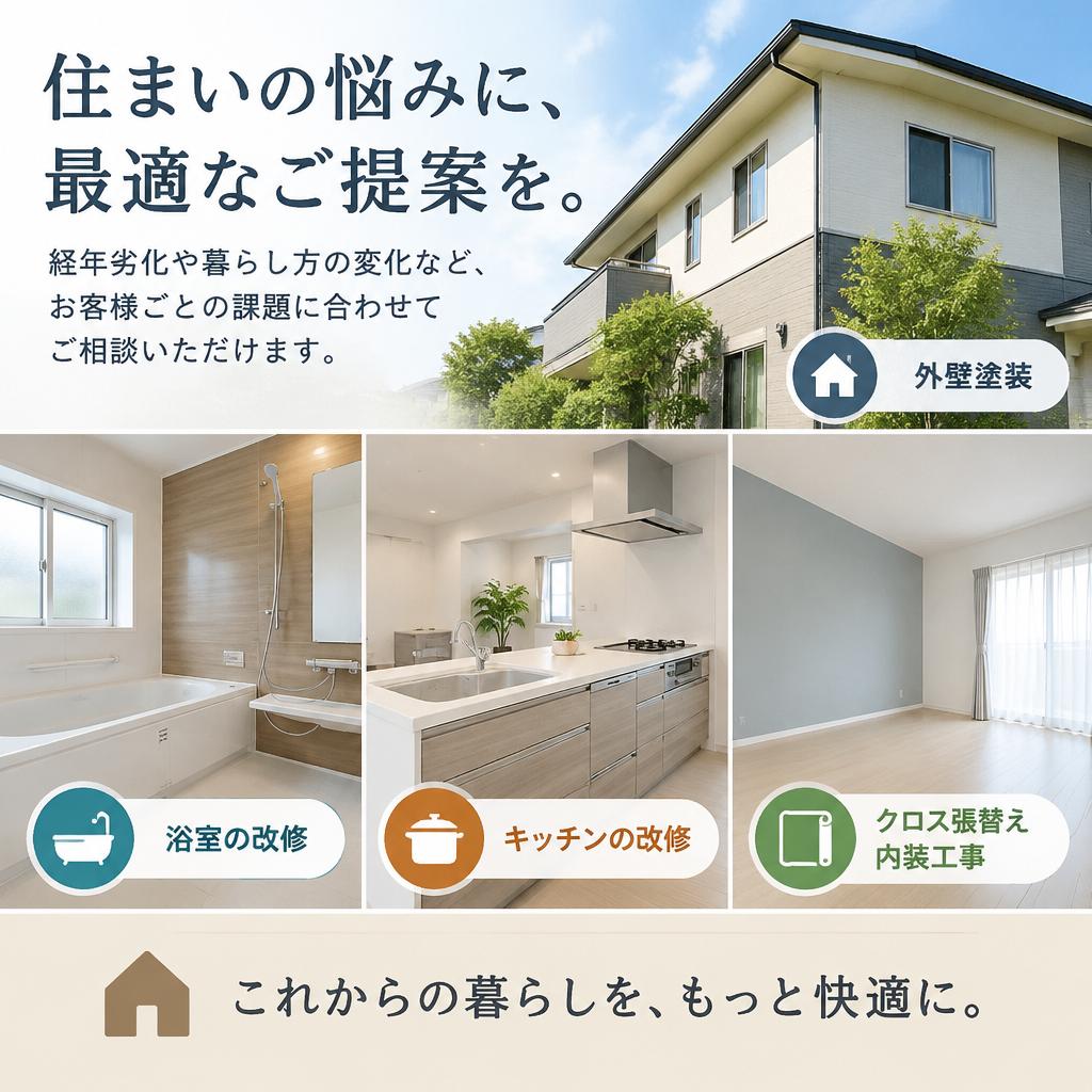 外壁塗装から水まわり・内装まで、住まいの悩みに幅広く対応